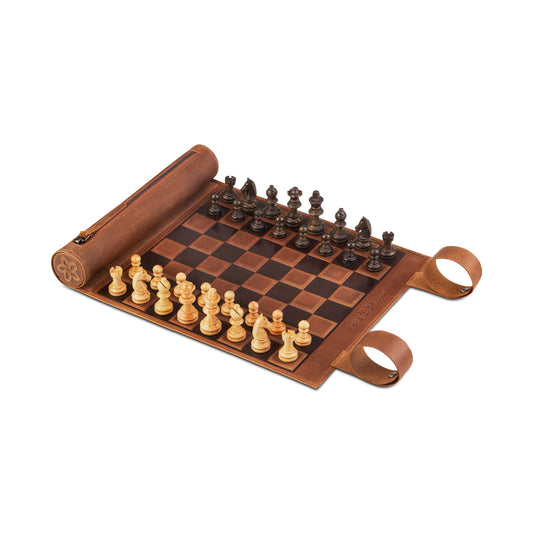 Roll Up Leather Chess Set - Magnet Option - Tobacco