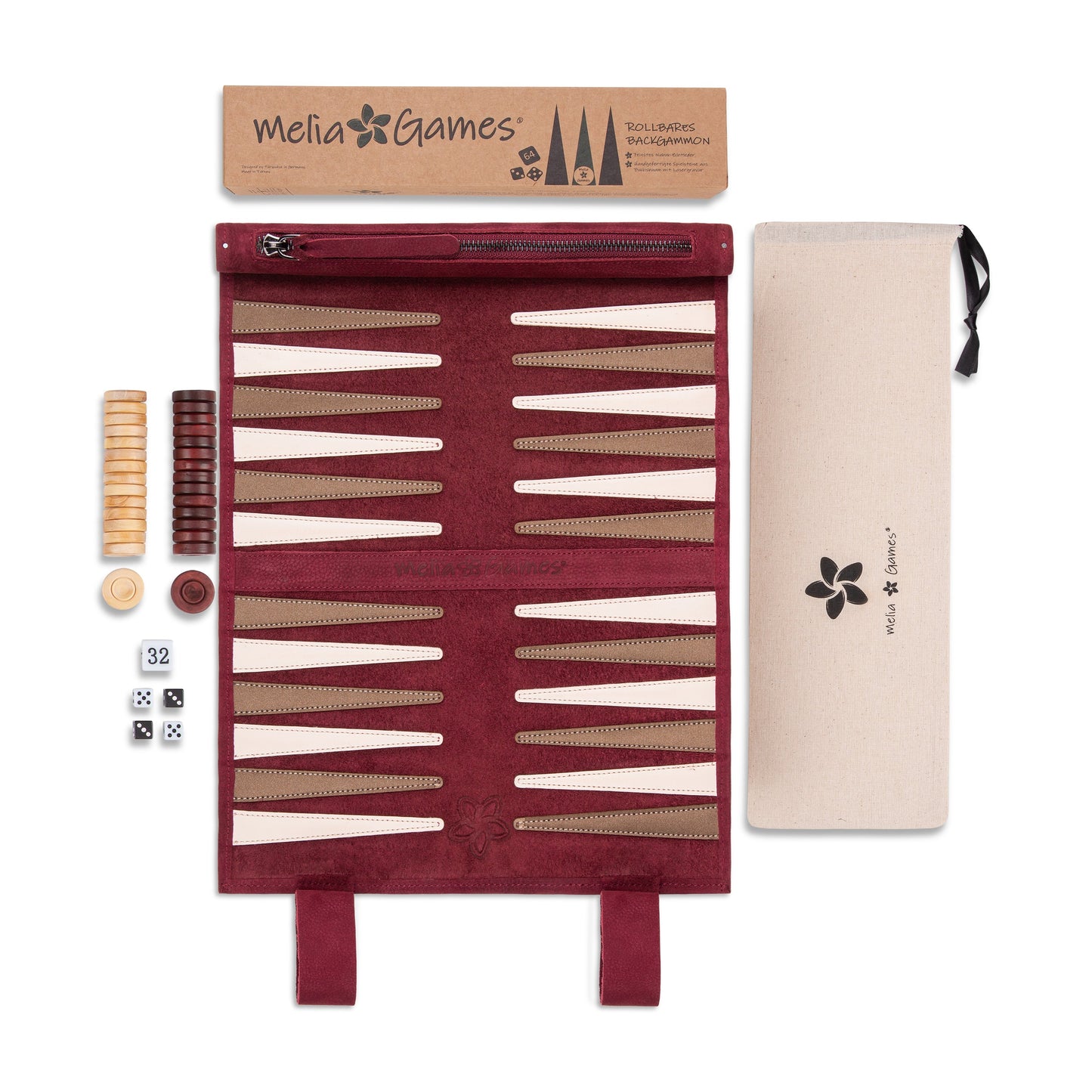 Roll up Leather Backgammon Set - Bordeaux - Travel