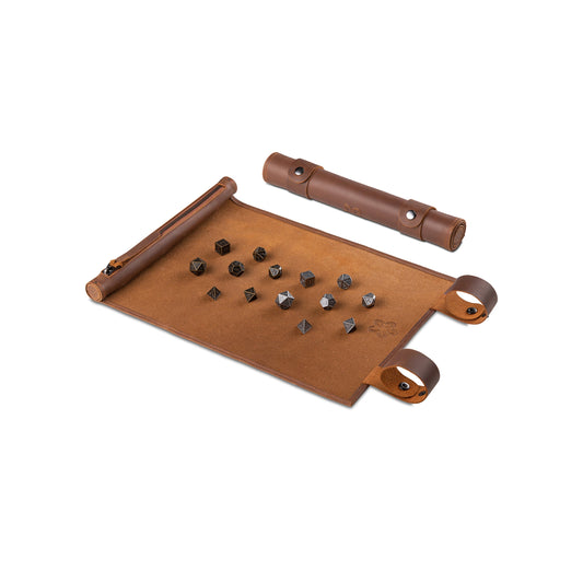 Roll Up RPG Dice Mat including Iron + Bronze metal set - Tobacco