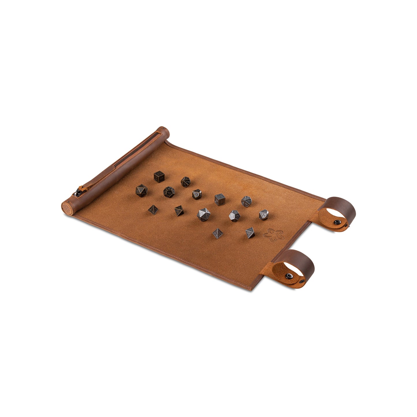 Roll Up RPG Dice Mat including Iron + Bronze metal set - Tobacco