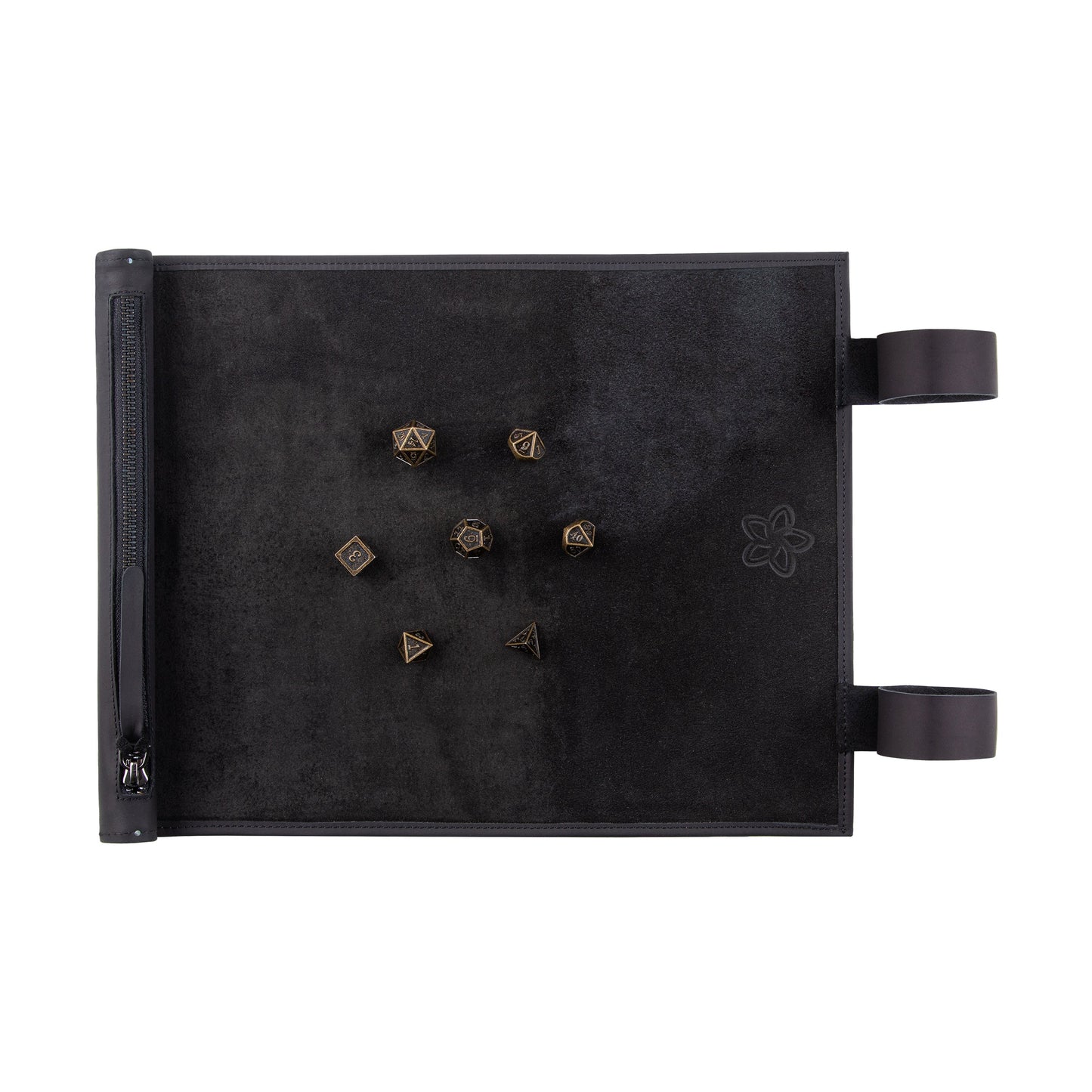 Roll Up RPG Dice Mat including Bronze metal set - Pure Black