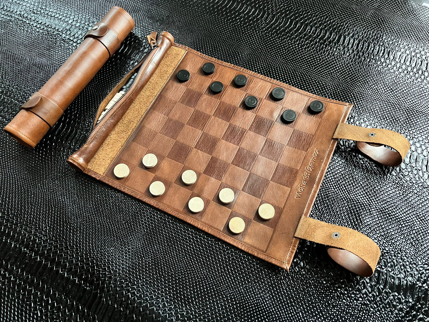 Roll Up Leather Checkers Set