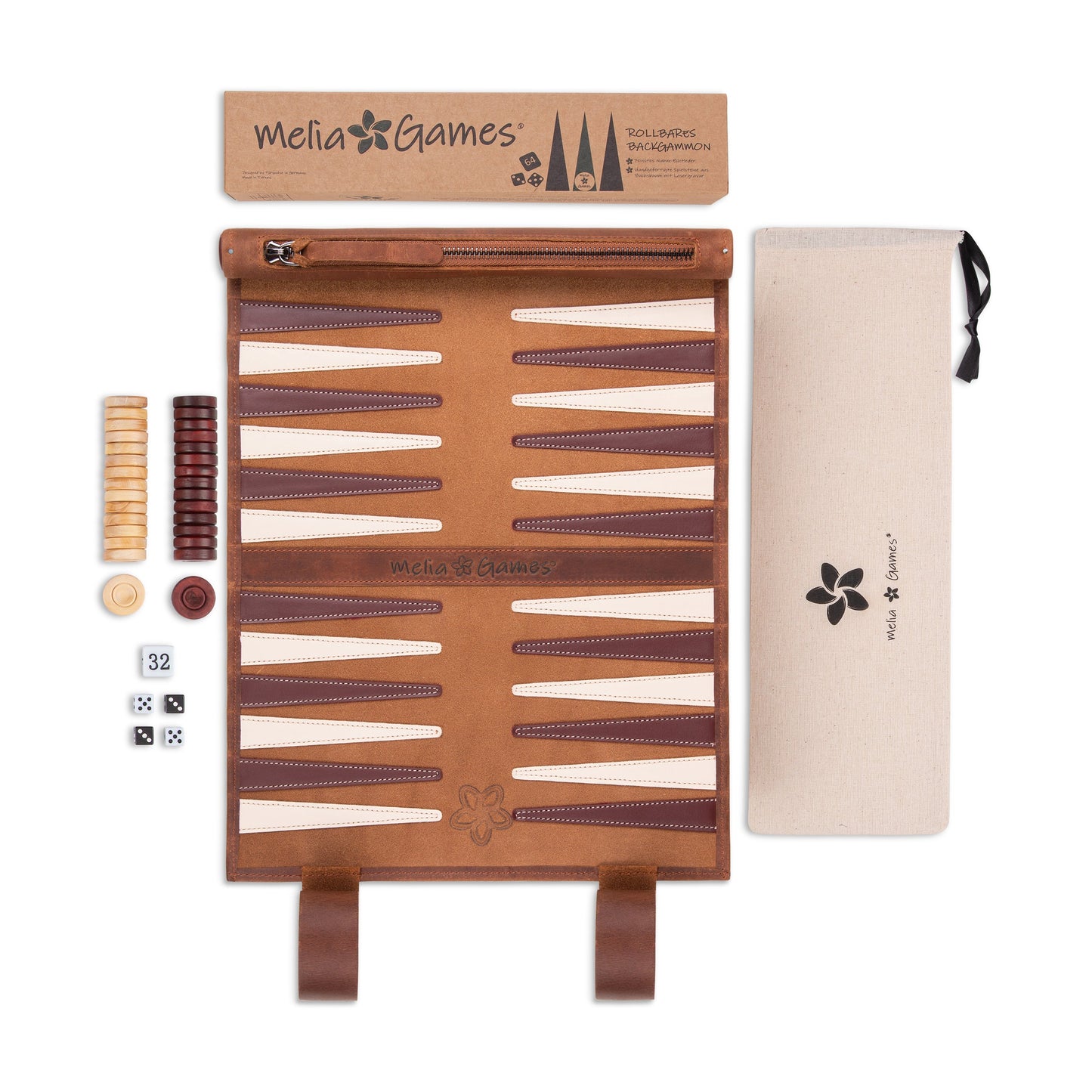 Roll up Leather Backgammon Set - Vintage Edition Tobacco - Travel