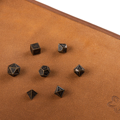 Roll Up RPG Dice Mat including Bronze metal set - Tobacco