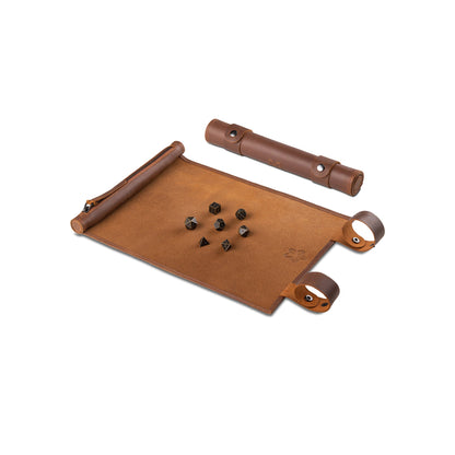 Roll Up RPG Dice Mat including Bronze metal set - Tobacco