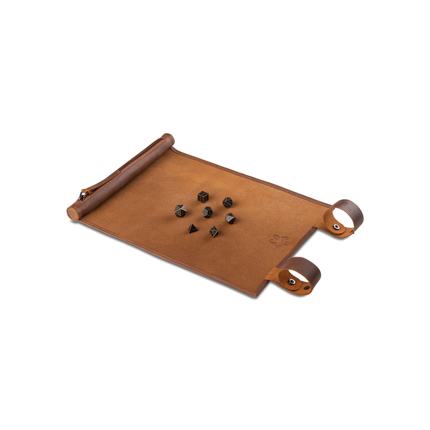 Roll Up RPG Dice Mat including Bronze metal set - Tobacco