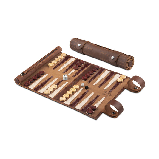 Roll up Leather Backgammon Set - Vintage Edition Tobacco - Travel