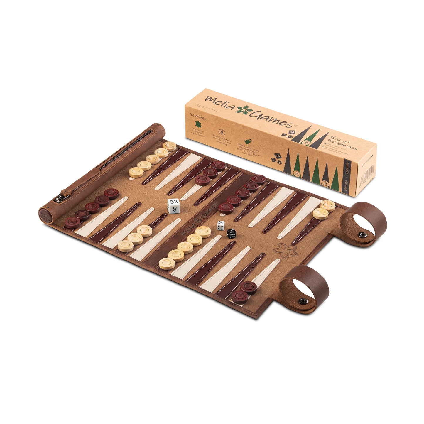 Roll up Leather Backgammon Set - Vintage Edition Tobacco - Travel