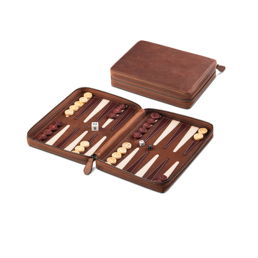 Deluxe Leather Backgammon Set - Vintage Edition Tobacco - Travel